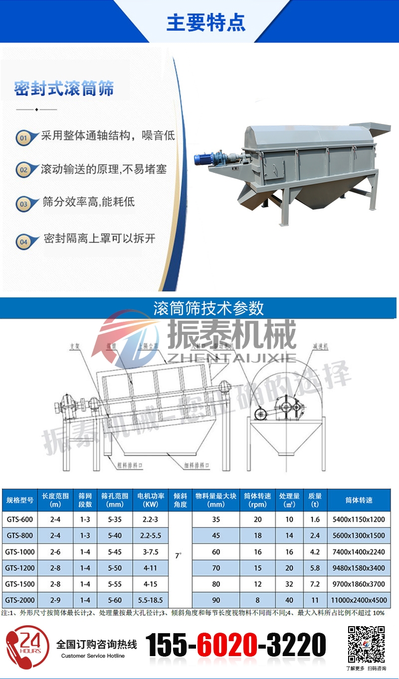 封闭式小型滚筒筛的技术参数